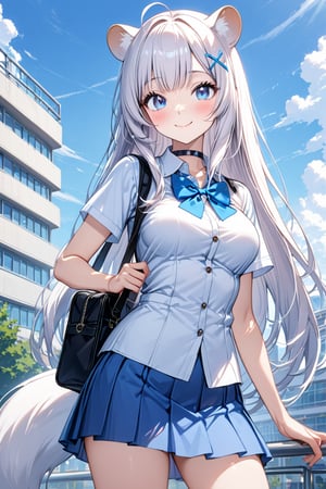 1girl, stoat girl, solo,  ((white hair)), very long hair, blue eyes, (straight hair), (bangs), animal ears, (stoat ears:1.2),
 Choker, ahoge, yaeba, (big white stoat Tail:1.2), (blue X hairpin), solo, long hair, breasts, looking at viewer, blush, smile, bangs, blue eyes, skirt, shirt,  bow, medium breasts, closed mouth, school uniform, standing, white shirt, short sleeves, cowboy shot, pleated skirt,  outdoors, sky, day, collared shirt, cloud, bowtie, bag, buttons, blue bow, blue skirt, building, blue bowtie