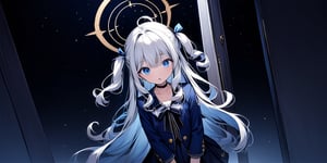 (masterpiece), full body:1.1, 1girl, (angel), white hair, long curly hair, two side up,blue eyes, two blue ribbons on her hair, (Double golden halo on her head), choker, ((angel wings)), solo, negative space, (starry sky background, standing), cinematic angle, side angle, from above:1, a girl in a school uniform, cute, black pleated skirt, blue blazer, blue bow in hair, ahoge, simple, facing viewer, manga illustration style, Trying to close the door, closing a door, a white wooden door, A mysterious door, Behind the door is a starry sky, bangs, staring blankly at the camera, surprised expression, open mouth, detailed blue eyes,