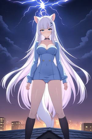 Front view, (score 9, score 8 up, score_7_up, source anime, (masterpiece), best quality, expressive eyes, perfect face, (masterpiece), best quality, expressive eyes, perfect face, at night, 1girl, stoat girl, solo,  ((white hair)), very long hair, blue eyes, (straight hair), (bangs), animal ears, (stoat ears:1.2),
 Choker, ahoge, yaeba, (big white stoat Tail:1.2), (blue X hairpin),, standing, eerily intense, if looks could kill, lightning arcing from her, powerful, on a roof top night time, electricity aura, tears, eyes glowing, taking an action stance, ready to fight