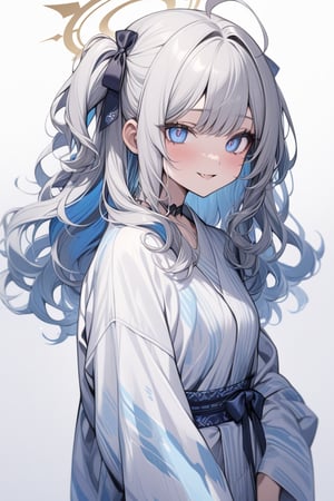  {{{masterpiece}}}, {{{best quality}}}, {{ultra-detailed}}, {beautiful detailed eyes}, 1girl, solo, angel, white hair, long curly hair, (two side up), blue eyes,  (curly hair:1.2), (wavy hair), (hair curls), (bangs), (two side up), two blue hair ties on head, (Double golden halo on her head), choker, angel wings, ahoge, fang,, (cute yukata, colorful yukata), smiling, Beautiful eyes,flat style
