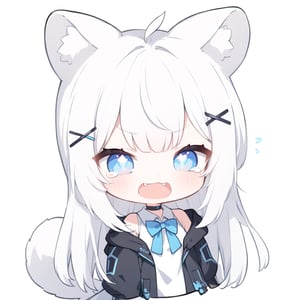 (chibi style),1girl, solo,  ((white hair)), very long hair, blue eyes, (straight hair), (bangs), animal ears, (stoat ears:1.2), Choker, ahoge, fangs, (big stoat Tail:1.2), (X hairpin),
(White sleeveless collared dress, blue chest bow), (black hooded oversized jacket:1.2), (Off the shoulders), ((>.<)), ((two lines of tears:1.2)), simple background, white background, upper body, anime,Emote Chibi