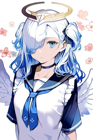 masterpiece, best quality, aesthetic,a mature 1girl, angel, white hair, long curly hair, (two side up), blue eyes, Two blue hair ties on head , (Double golden halo on her head), choker, angel wings,ahoge,hair over one eye,samurai,(vintage jkseifuku:1.4),sakura