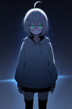 1girl, (gray hair), green eyes, short hair, (Bob Hair, (pony tail:1.2)), ahoge, (black round frame glasses:1.2), (black star hairpin), hooded cloak, Hood Down, long sleeve shirt top,Short skirt, boots, ((White long sleeve hoodie)), mature female, no pupils, straight-on, half-closed eyes, narrowed eyes, pout, blurry background, alp, (((neon theme))), perfect_hands, dark theme, vivid color, masterpiece, best quality, amazing quality, very aesthetic, absurdres, depth of field, score_9, archi-ghelber-style