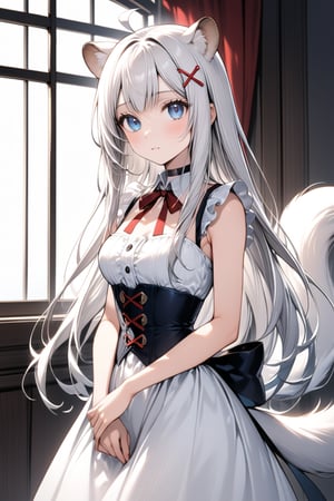 1girl, stoat girl, solo,  ((white hair)), very long hair, blue eyes, (straight hair), (bangs), animal ears, (stoat ears:1.2),
 Choker, ahoge, yaeba, (big white stoat Tail:1.2), (blue X hairpin), solo, long hair, breasts, looking at viewer, bangs, hair ornament, no sleeves, dress, ribbon, medium breasts, closed mouth, frills, parted lips, hairclip, indoors, white dress, red ribbon, neck ribbon, floating hair, corset