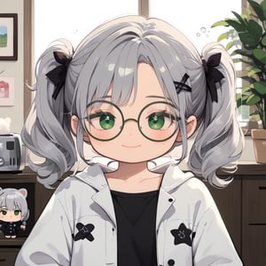 1girl, (gray hair), green eyes, long hair, ( pigtails:1.2), (black round frame glasses:1.2), (black star hairpin), (casual wear), collarbone, (Knight Coat), cotton pants, (happy), (in room), indoor, (eyes highlight), standing, ((upper body)), very beautiful girl, Sleepy eyes, closed mouth, :), himecut hairstyle, solo, (chibi), (Focus on face),((Chibi character)), chibi style