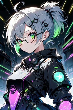 masterpiece, ultra detailed, HD, 

1girl, (gray hair), green eyes, (short ponytail:1.2), ahoge, (black round frame glasses:1.2), (black star hairpin), solo, Anime style, Japanese anime, cel shading, 

sanpaku eyes, cyberpunk costume, glowing outfit with neon lines, 

Anime Style