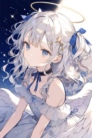 masterpiece, best quality, aesthetic,1girl, angel, white hair, long curly hair, two side up, (blue eyes), two blue ribbons on her hair, (Double golden halo on her head), choker, angel wings,bangs,sakura