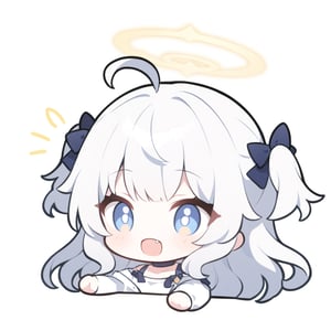 (chibi style), {{{masterpiece}}}, {{{best quality}}}, {{ultra-detailed}}, {beautiful detailed eyes}. 1girl, angel, white hair, long curly hair, (two side up), blue eyes,  (curly hair:1.2), (wavy hair), (hair curls), (bangs), (two side up), two blue hair ties on head, (Double golden halo on her head), choker, angel wings, ahoge, fang, (white T-shirt) (rapping), (black sunglasses), upper body,chibi emote style,chibi,emote, cute,Emote Chibi,anime,cute comic,