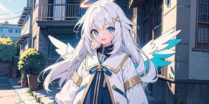 vibrant colors, female, masterpiece, sharp focus, best quality, depth of field, cinematic lighting, ((solo, one woman )), (illustration, 8k CG, extremely detailed), masterpiece, ultra-detailed,
1angel, (white hair), long curly hair, blue eyes, (two blue ribbons on her hair), (Double golden halo on her head), angel wings, sweater, cute outfit, against the wall, beside the street, open mouth, best smile, cute face, perfect light,1girl white hair blue eyes x hair ornament,masterpiece,