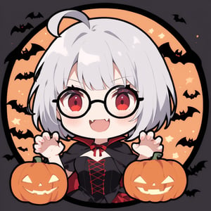 1girl, (gray hair), red eyes, ahoge, (striking bob cut and intense), (black round frame glasses:1.2), (vampire style dress), (Vampire Fangs) , (claw pose), bats, cobweb, pumpkin lantern, moon, blush, (simple halloween background), (eyes highlight), standing, ((upper body)), very beautiful girl, smiling, open_mouth, himecut hairstyle, solo, (chibi), (Focus on face), 