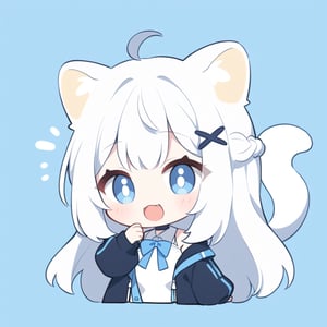 (chibi style), {{{masterpiece}}}, {{{best quality}}}, {{ultra-detailed}}, {beautiful detailed eyes},1girl, solo,  ((white hair)), very long hair, blue eyes, (straight hair), (bangs), animal ears, (stoat ears:1.2), Choker, ahoge, fangs, (big stoat Tail:1.2), (blue X hairpin), (White sleeveless collared dress, (Two-piece dress), (blue chest bow)), (black hooded oversized jacket:1.2), (Off the shoulders), (shock), upper body,chibi emote style,chibi,emote, cute,Emote Chibi,anime,cute comic