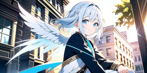 vibrant colors, female, masterpiece, sharp focus, best quality, depth of field, cinematic lighting, ((solo, one woman )), (illustration, 8k CG, extremely detailed), masterpiece, ultra-detailed,
1angel, (white hair), long curly hair, blue eyes, (two blue ribbons on her hair), (Double golden halo on her head), angel wings, black jacket, cute outfit, sitting by the street, best smile, cute face, perfect light,1girl white hair blue eyes x hair ornament,masterpiece