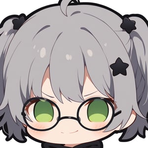 1girl, 1girl, (gray hair), green eyes, (short Twin ponytails:1.2), ahoge, (black round frame glasses:1.2), (black star hairpin), hooded cloak, Hood Down, long sleeve shirt top,Short skirt, boots, solo, (chibi, head only), blush, (close-up portrait), (smug face), Upper Body, (Focus on face), simple white background,