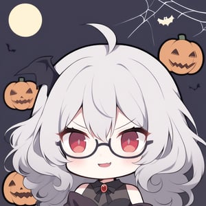 1girl, (gray hair), red eyes, ahoge, (long curly hairs), (black round frame glasses:1.2), (vampire style dress), (Vampire Fangs) , (Arms Crossed), bats, cobweb, pumpkin lantern, moon, blush, (simple halloween background), (eyes highlight), standing, ((upper body)), very beautiful girl, smiling, slightly angry, himecut hairstyle, solo, (chibi), (Focus on face), 