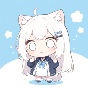 (chibi style), {{{masterpiece}}}, {{{best quality}}}, {{ultra-detailed}}, {beautiful detailed eyes},1girl, solo,  ((white hair)), very long hair, blue eyes, (straight hair), (bangs), animal ears, (stoat ears:1.2), Choker, ahoge, fangs, (big stoat Tail:1.2), (X hairpin), (White sleeveless collared dress, blue chest bow), (black hooded oversized jacket:1.2), (Off the shoulders), O_O, ((punching pose)), upper body,chibi emote style,chibi,emote,cute comic