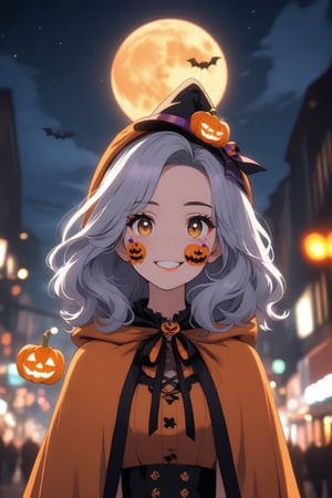 A cute girl, Halloween makeup on her face, Halloween costume, celebrating Halloween on the street at night, cute face, moon, anime style