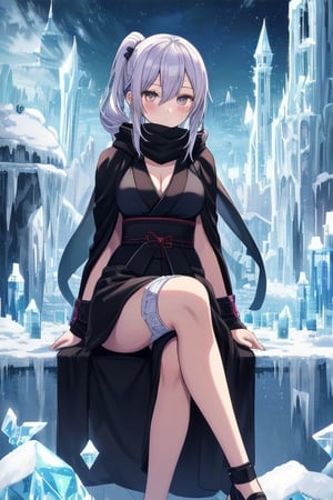 (((perfect pixels, perfect details))), alone, 1 girl,(Kunoichi) , l, , medium breasts, scarf cloak, shiny eyes, in an ice castle, sitting on a throne.