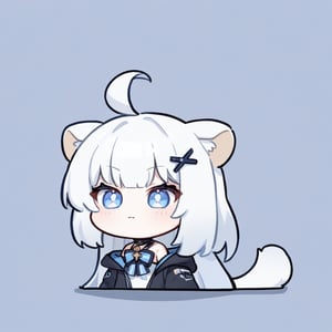 (chibi style), {{{masterpiece}}}, {{{best quality}}}, {{ultra-detailed}}, {beautiful detailed eyes},1girl, solo,  ((white hair)), very long hair, blue eyes, (straight hair), (bangs), animal ears, (stoat ears:1.2), Choker, ahoge, fangs, (big stoat Tail:1.2), (X hairpin), (White sleeveless collared dress, (Two-piece dress), (blue chest bow)), (black hooded oversized jacket:1.2), (Off the shoulders), ((shadow face:1.2)), (angry eyes), (closed mouth), upper body,chibi emote style,chibi,emote, cute,Emote Chibi,Line Chibi yellow,Simple Background
