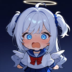 1girl, angel, white hair, long curly hair, (two side up), blue eyes, two blue bows on head, (Double golden halo on her head), choker, angel wings on back, ahoge,  (Sailor Suit), (student uniform), dark blue collar, (red bow tie), Dark blue pleated skirt, blush, (In a dark room), (eyes highlight), standing, ((upper body)), very beautiful girl, shock, surprise, eyes wide open, Open mouth wide, sweat, slightly angry, himecut hairstyle, solo, (chibi), (Focus on face),((Chibi character))