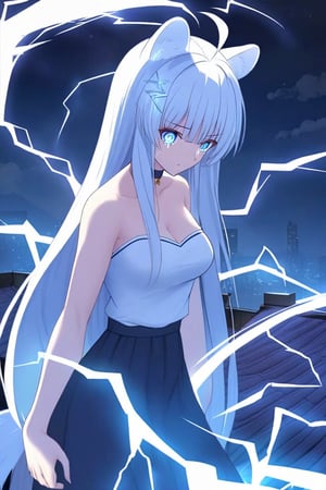 Front view, (score 9, score 8 up, score_7_up, source anime, (masterpiece), best quality, expressive eyes, perfect face, (masterpiece), best quality, expressive eyes, perfect face, at night, 1girl, stoat girl, solo,  ((white hair)), very long hair, blue eyes, (straight hair), (bangs), animal ears, (stoat ears:1.2),
 Choker, ahoge, yaeba, (big white stoat Tail:1.2), (blue X hairpin),, standing, eerily intense, if looks could kill, lightning arcing from her, powerful, on a roof top night time, electricity aura, tears, eyes glowing, taking an action stance, ready to fight