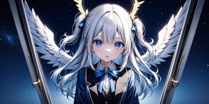 (masterpiece), full body:1.1, 1girl, (angel), white hair, long curly hair, two side up,blue eyes, two blue ribbons on her hair, (Double golden halo on her head), choker, ((angel wings)), solo, negative space, (starry sky background, standing), cinematic angle, side angle, from above:1, a girl in a school uniform, cute, black pleated skirt, blue blazer, blue bow in hair, ahoge, simple, facing viewer, manga illustration style, Trying to close the door, closing a door, a white wooden door, A mysterious door, Behind the door is a starry sky, bangs, staring blankly at the camera, surprised expression, open mouth, detailed blue eyes,