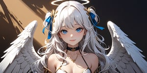 //quality
masterpiece, best quality, aesthetic, 
//Character
1girl, angel, white hair, long curly hair, (two side up), blue eyes, two blue ribbons on her hair, (Double golden halo on her head), choker, angel wings, (beautiful eyes:1.0), big eyes, deailed eyes, (beautiful face:1.0), fine skin, 
(medium breasts:1.2), 
//Fashion 
(The girl is smiling wryly,:1.0), 
//Background 
(Ink painting:1.2),  Light ochre background