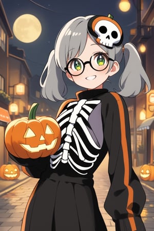 A cute girl ,(gray hair), green eyes, short hair, (cute pigtails:1.2), (black round frame glasses:1.2), wearing a skull mask on her head, (skeleton suit:1.3), celebrating Halloween on the street at night, pumpkin lantern, cute face, smiling, moon, anime style