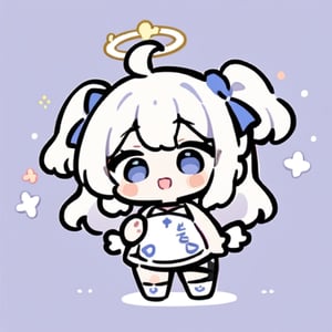  chibi, masterpiece, best quality, solo, 1girl, angel, white hair, long curly hair, (two side up), blue eyes, two blue bows on head, (Double golden halo on her head), choker, angel wings on back, ahoge, full body, cute smile, best smile, open mouth, Wearing blue and white dress, short pants, (Holding a huge stand sign), simple background,masterpiece,Chibi anime,doodle,cute comic,cutegirlmix