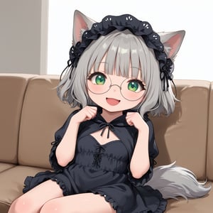 1girl, (gray hair), green eyes, (short hair), (Flat bangs), (black round frame glasses:1.2), (wolf ear headdress), (Wearing werewolf costume:1.2), (happy), (indoor), (eyes highlight), very beautiful girl, very cute face, (Medium chest), proud expression, :), sitting on sofa, cute pose, headtilt, solo, (chibi),((Chibi character)), chibi style, flat-color-style