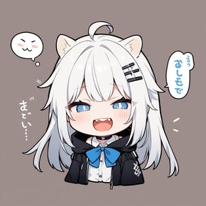 (chibi style),1girl, solo,  ((white hair)), very long hair, blue eyes, (straight hair), (bangs), animal ears, (stoat ears:1.2), Choker, ahoge, fangs, (big stoat Tail:1.2), (X hairpin),
(White sleeveless collared dress, blue chest bow), (black hooded oversized jacket:1.2), (Off the shoulders), ((>.<)), ((laughing)), simple background, white background, upper body, anime,Emote Chibi,comic book