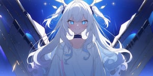 (BEST QUALITY:1.4), (HIGHRES:1.4), HIGH_RESOLUTION, MASTERPIECE, SIDELIGHTING, CINEMATIC LIGHTING, DETAILED LIGHTING, 
VOLUMETRIC LIGHTING, SUPER DETAIL, HYPER DETAIL, INTRICATE_DETAILS, LIGNE_CLAIRE, PERPECT FACE, PERFECTEYES, ABSURDRES, 
1girl, angel, ((white hair)), long curly hair, (two side up), blue eyes,  (curly hair:1.2), (wavy hair), (hair curls)
, (bangs), (two side up), two blue hair ties on head, (Double golden halo on her head), choker, angel wings, ahoge, fang, cute, happy, (white T-shirt, pants), looking at viewer,blush,star background,standing,full body,