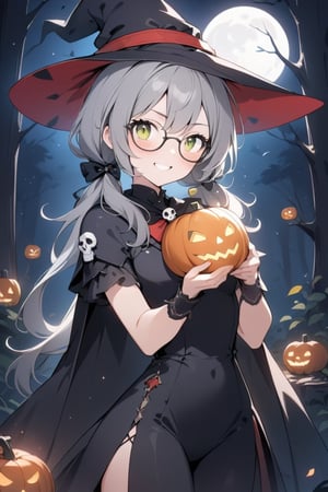 1girl, solo, (gray hair), green eyes, ahoge, (low-pigtail hairs:1.2), (black round frame glasses:1.2), (Witch hat), (Witch cloak), Witch dress, (cute pose), cobweb, (skull), pumpkin lantern, moon, blush, (In the forest at night), (eyes highlight), standing, ((upper body)), very beautiful girl, crazy smiling, slightly angry, himecut hairstyle, masterpiece quality, stunning image, masterpiece, 8K, stunning image, light particles, attractive image, reflections,  \medium\,Beautiful eyes,