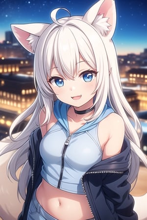 masterpiece, best quality, laplace, 1girl, solo,  ((white hair)), very long hair, blue eyes, (straight hair), (bangs), animal ears, (stoat ears:1.2), Choker, ahoge, fangs, (big stoat Tail:1.2), (blue X hairpin), (White sleeveless collared dress, (midriff), blue chest bow), (black hooded oversized jacket:1.2), (jacket zipper half unzipped), (Off the shoulders), lolita, smile, leaning forward, city street, close-up , from above, look up,yaeba,anime,light