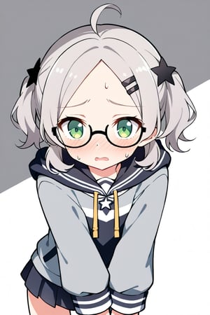  1girl, solo, (gray hair), green eyes, (short Twin ponytails:1.2),  (curly hair:1.2), ahoge, (black round frame glasses:1.2), (black star hairpin), solo, blush, open mouth, Center parted bangs, forehead, hooded cloak, Hood Down, long sleeve shirt top, Short skirt, boots, upper body, sweat, embarrassed,