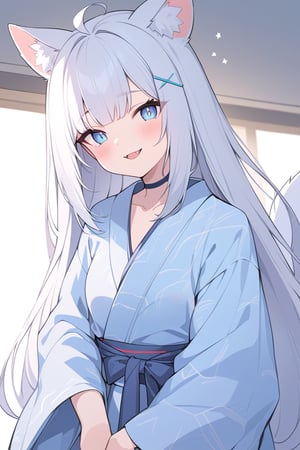  {{{masterpiece}}}, {{{best quality}}}, {{ultra-detailed}}, {beautiful detailed eyes},1girl, stoat girl, solo,  ((white hair)), very long hair, blue eyes, (straight hair), (bangs), animal ears, (stoat ears:1.2), Choker, ahoge, fangs, (big white fox Tail:1.2), (blue X hairpin), (cute yukata, colorful yukata), smiling, Beautiful eyes,