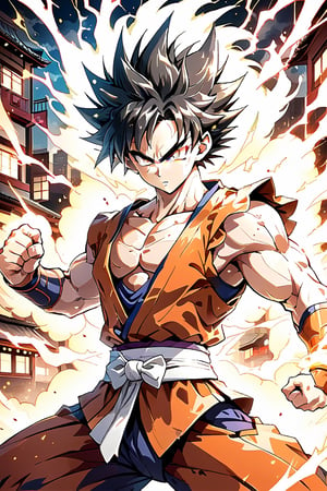 Super details, Detail Eyes, supersaiyan Goku, Japanese samurai costume, strong, muscle, with aura, Surrounded by electricity, fighting pose, Punch, in  street, anime style,facing the camera,son goku,gkudbz,dragon ball