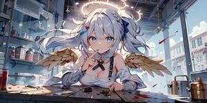 full body,masterpiece, best quality, highres, kta1,1girl, angel, white hair, long curly hair, blue eyes, two blue ribbons on her hair, (Double golden halo on her head), angel wings, ponytail, detached sleeves, cleavage, In the kitchen, bare shoulders, medium breasts, Making heart shaped chocolates, wearing an apron, background_Urban rooftop, despair, ((masterpiece)), (((best quality))), ((ultra-detailed)), ((illustration)), ((disheveled hair)),torn clothes,tearing with eyes open,solo,bandages,Gunpowder smoke,beautiful deatailed shadow, Splashing blood,dust,tyndall effect,portrait,