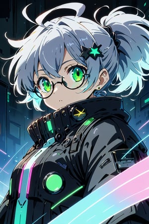 masterpiece, ultra detailed, HD, 

1girl, (gray hair), green eyes, (short ponytail:1.2), ahoge, (black round frame glasses:1.2), (black star hairpin), solo, Anime style, Japanese anime, cel shading, 

sanpaku eyes, cyberpunk costume, glowing outfit with neon lines, 

Anime Style