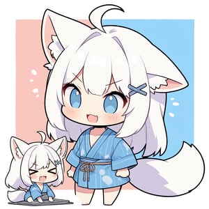 (chibi:1.3), masterpiece, made by a master, 4k, perfect anatomy, perfect details, best quality, high quality, lots of detail.
(solo),1girl, ((stoat girl)), solo,  ((white hair)), very long hair, blue eyes, (straight hair), (bangs), animal ears, (stoat ears:1.2), Choker, ahoge, cute_fang, (big Fox Tail:1.2), (blue X hairpin), (cute yukata, colorful yukata), smiling, single, (((>_<:1.4))), (upper body) ,Emote Chibi. cute comic,simple background, flat color, Cute girl,dal,Chibi Style,lineart,comic book,