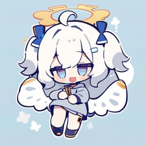  chibi, masterpiece, best quality,1girl, angel, (white hair), long curly hair, (two side up),blue eyes, (two blue ribbons on her hair), ((Double golden halo on her head)), choker, ((angel wings)), ahoge, full body, cute smile, best smile, open mouth, Wearing grey Hooded T-shirt, long sleeves, pleated skirt, (holding a pair of chopsticks), ,masterpiece,simple background, ,cute comic