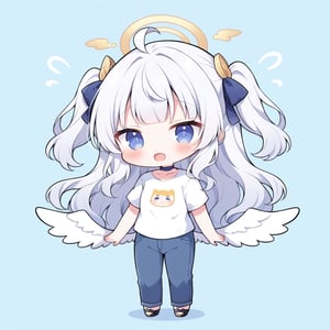 score_9,score_8_up,score_7_up, chibi, chibi style, 1girl, angel, ((white hair)), long curly hair, (two side up), blue eyes,  (curly hair:1.2), (wavy hair), (hair curls)
, (bangs), (two side up), two blue hair ties on head, (Double golden halo on her head), choker, angel wings, ahoge, fang, (=_=:1.3), (white T-shirt, pants), looking at viewer,blush,simple background,standing,full body,comic book