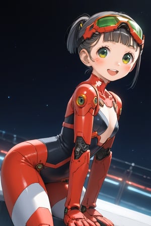 1girl, (gray hair), green eyes, (short hair), (Flat bangs), (short ponytail:1.2), (Safety Goggles:1.2), (wearing armored suit), (cyberpunk style), tight clothes, (happy), (outdoor), (eyes highlight), very beautiful girl, very cute face, (Medium chest), proud expression, :), sitting, cute pose, headtilt, masterpiece quality, masterpiece, 8K, stunning image, light particles, attractive image, reflections, Dutch Angle Shot,Beautiful eyes,