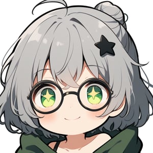 1girl, (gray hair), green eyes, short hair, ahoge, (black round frame glasses:1.2), (black star hairpin), dark green hooded cloak, Hood Down, dress, Short skirt, boots, ((Half Bun :1.2)), ((Off the shoulders:1.2)), solo, smiling, blush, (close-up portrait), ((sparkling eyes)), Upper Body, (Focus on face), simple white background,