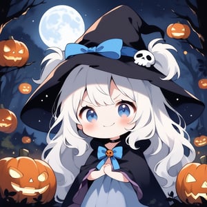 1girl, solo, angel, white hair, long curly hair, (two side up), blue eyes, two blue bows on head, choker, ahoge, (Witch hat), (Witch cloak), Witch dress, (cute pose), cobweb, (skull), pumpkin lantern, moon, blush, (In the forest at night), (eyes highlight), standing, ((upper body)), very beautiful girl, crazy smiling, slightly angry, himecut hairstyle, solo, (chibi), (Focus on face), chibi style,((Chibi character))