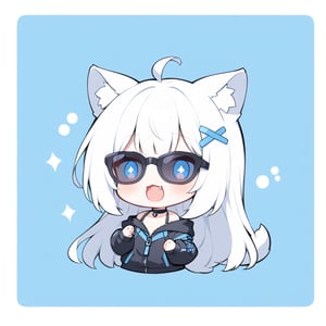 (chibi style), {{{masterpiece}}}, {{{best quality}}}, {{ultra-detailed}}, {beautiful detailed eyes}1girl, solo,  ((white hair)), very long hair, blue eyes, (straight hair), (bangs), animal ears, (stoat ears:1.2),
 Choker, ahoge, fangs, (big stoat Tail:1.2), (blue X hairpin), (black hooded oversized jacket:1.2), (jacket zipper half unzipped), (Off the shoulders), (rapping), (black sunglasses), upper body,chibi emote style,chibi,emote, cute,Emote Chibi,anime,cute comic,