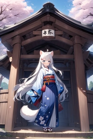 1girl, stoat girl, solo,  ((white hair)), very long hair, blue eyes, (straight hair), (bangs), animal ears, (stoat ears:1.2),
 Choker, ahoge, yaeba, (big white stoat Tail:1.2), (blue X hairpin),solo, long hair, blush, smile, open mouth, bangs, skirt, simple background, wearing intricately detailed black and silver armor stands in the sky, her dress made of stars,  long sleeves, closed mouth, flower, sidelocks, outdoors, japanese clothes, day, full body, kimono, hair bun, from side, tree, sash, obi, floral print, cherry blossoms, blue kimono, shrine, Anime style full long shot,