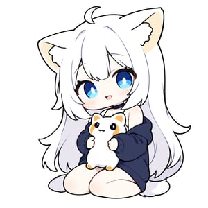 chibi, masterpiece, made by a master, 4k, perfect anatomy, perfect details, best quality, high quality, lots of detail.
(solo),1girl, ((white hair)), very long hair, blue eyes, (straight hair), (bangs), animal ears, (stoat ears:1.2), Choker, ahoge, fang, (big stoat Tail:1.2), (White sleeveless two piece dress, blue chest bow), (black hooded jacket:1.2), (Off the shoulders), (hugging a rabbit doll:1.2), single, looking at viewer, (full body) ,Emote Chibi. cute comic,simple background, flat color, Cute girl,Chibi Style,chibi emote style,cute,anime