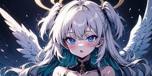 (BEST QUALITY:1.4), (HIGHRES:1.4), HIGH_RESOLUTION, MASTERPIECE, SIDELIGHTING, CINEMATIC LIGHTING, DETAILED LIGHTING, 
VOLUMETRIC LIGHTING, SUPER DETAIL, HYPER DETAIL, INTRICATE_DETAILS, LIGNE_CLAIRE, PERPECT FACE, PERFECTEYES, ABSURDRES, 
1girl, angel, ((white hair)), long curly hair, (two side up), blue eyes,  (curly hair:1.2), (wavy hair), (hair curls)
, (bangs), (two side up), two blue hair ties on head, (Double golden halo on her head), choker, angel wings, ahoge, fang, (white T-shirt, pants), looking at viewer,blush,star background,standing,full body,