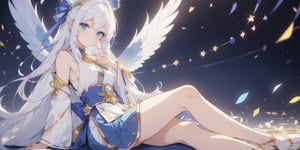 vibrant colors, female, masterpiece, sharp focus, best quality, depth of field, cinematic lighting, ((solo, one woman )), (illustration, 8k CG, extremely detailed), masterpiece, ultra-detailed,
1angel, (white hair), long curly hair, blue eyes, (two blue ribbons on her hair), (Double golden halo on her head), angel wings, Sitting on a seat, look to the sky,perfect light,miko dressing,masterpiece