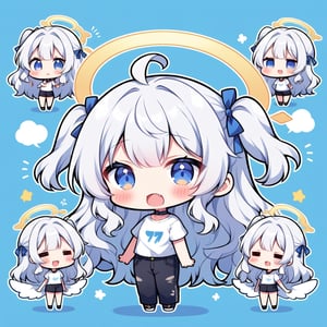 score_9,score_8_up,score_7_up, chibi, chibi style, 1girl, angel, ((white hair)), long curly hair, (two side up), blue eyes,  (curly hair:1.2), (wavy hair), (hair curls)
, (bangs), (two side up), two blue hair ties on head, (Double golden halo on her head), choker, angel wings, ahoge, fang, (=_=:1.3), (white T-shirt, pants), looking at viewer,blush,simple background,standing,full body,comic book